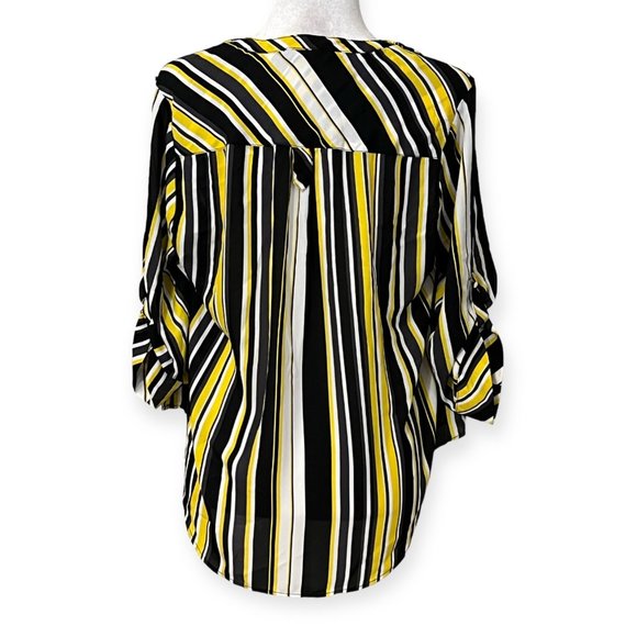 Torrid Women's Top Yellow Black Stripes 3/4 Sleeve Size M/L Blouse Half Button - Picture 2 of 7
